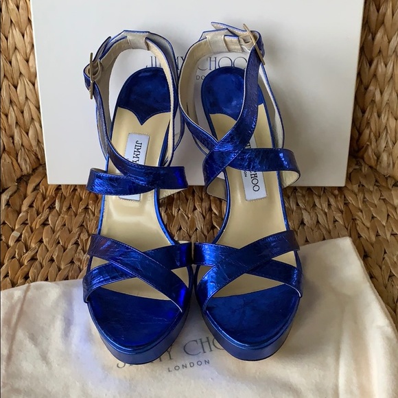 NIB Jimmy Choo Blue Metallic Leather Platform 41 - Picture 5 of 8